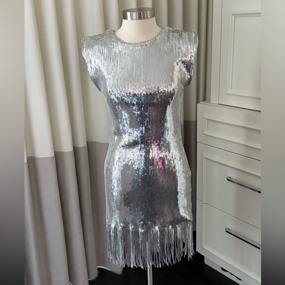 Joie silver sequin fringe dress with small shoulder pads